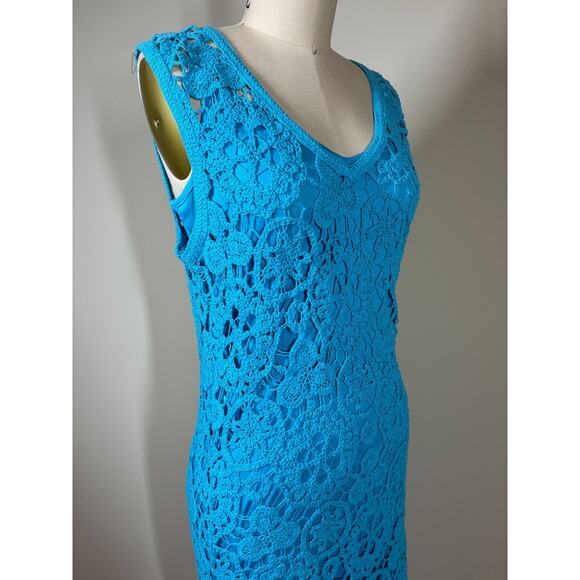 House of Harlow Blue Lace Open Knit Midi Bodycon Dress XS Lined Crochet Colorful - Picture 8 of 16